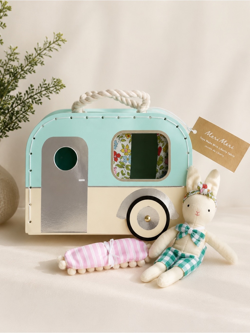 Meri Meri Mint, Cream & Silver Toy Caravan with Bunny and Pink Caterpillar